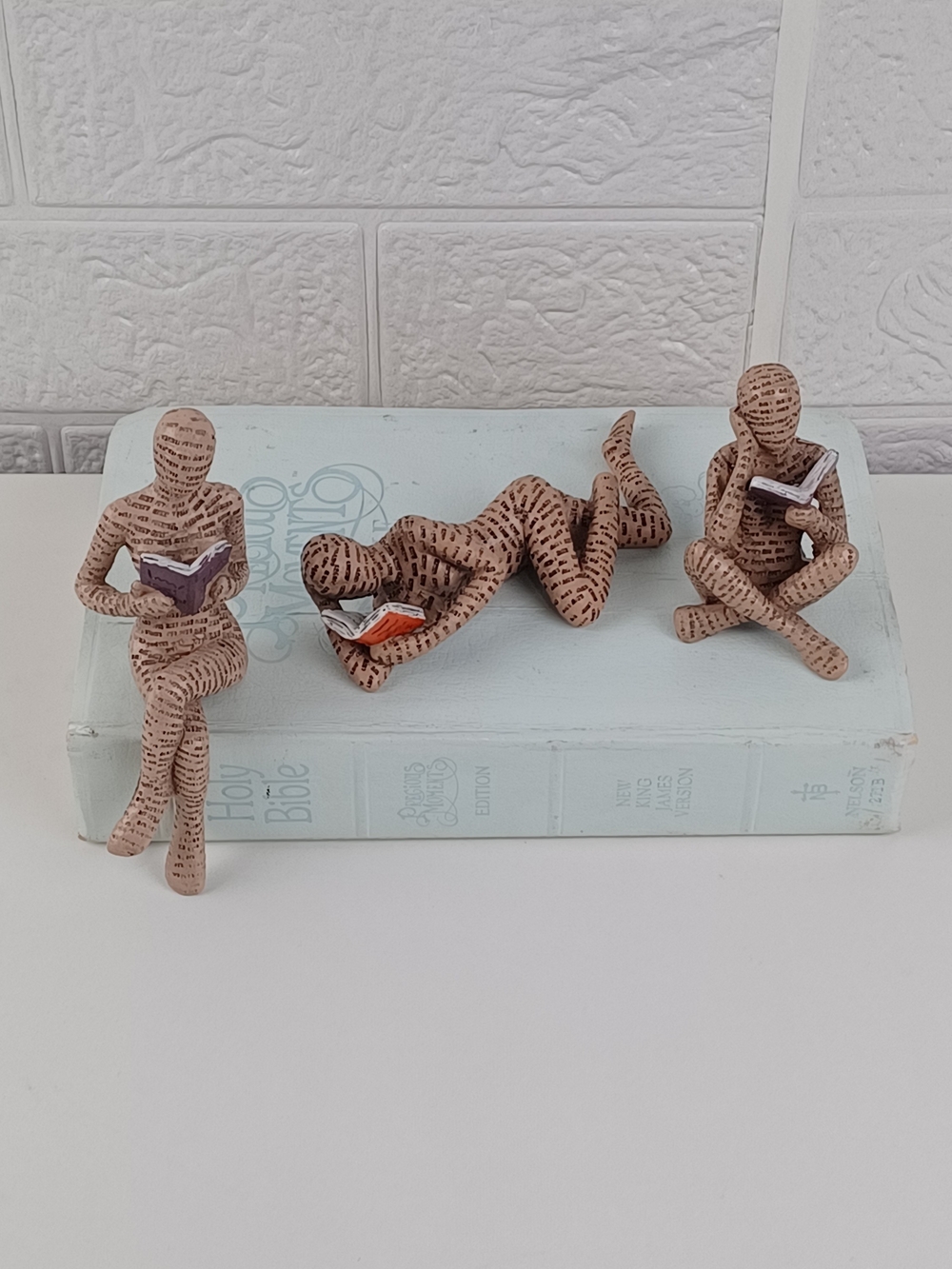 Set Of 3 Decorative Reading Figures Set - Brown Book Lover Statues